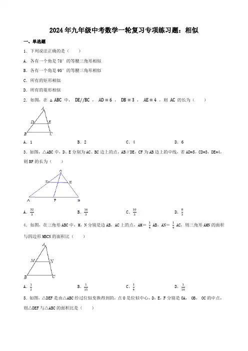 2024年九年级中考数学一轮复习专项练习题：相似(含答案)