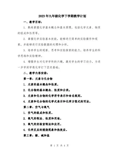 2023年九年级化学下学期教学计划