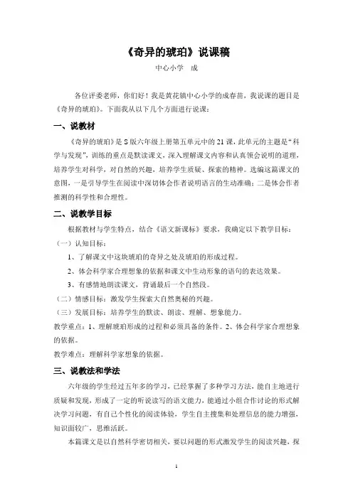 说课稿 奇异的琥珀