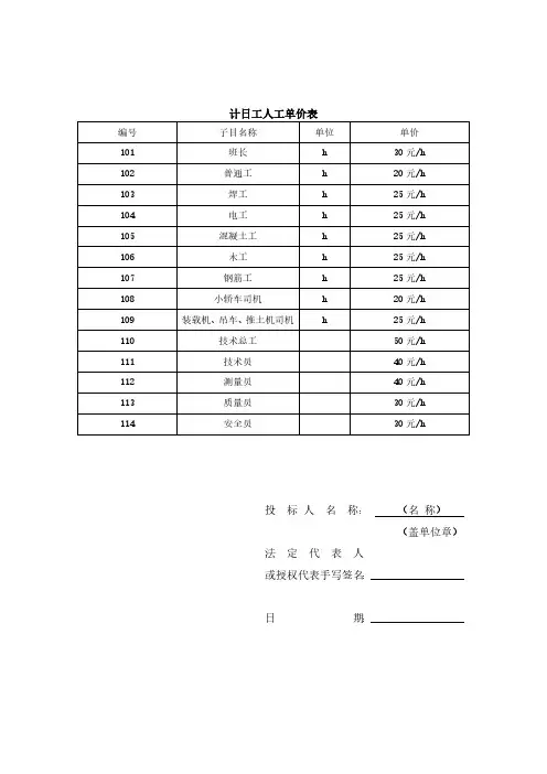 计日工人工单价表