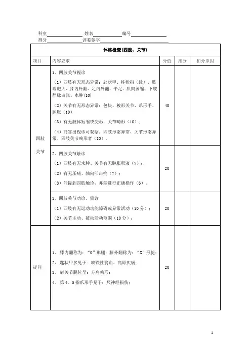 医学《体格检查(四肢关节)》技术评分标准表