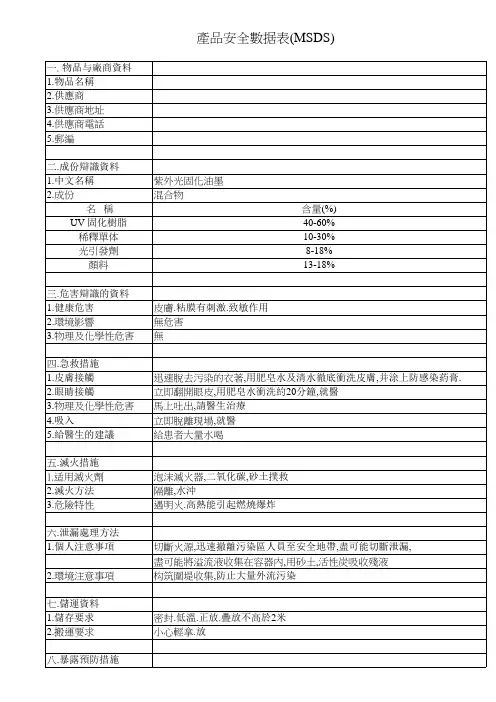 紫外光固化油墨物质安全资料表 MSDS