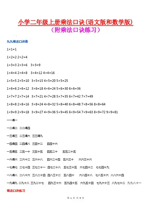 小学二年级上册乘法口诀(语文版和数学版)+乘法口诀练习