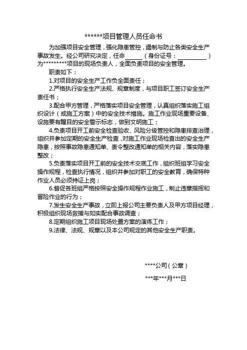 项目管理人员任命书