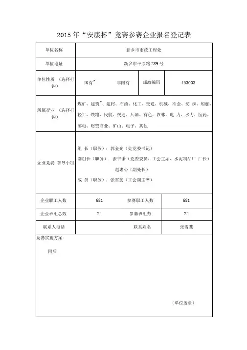 2015年度安康杯竞赛报名登记表