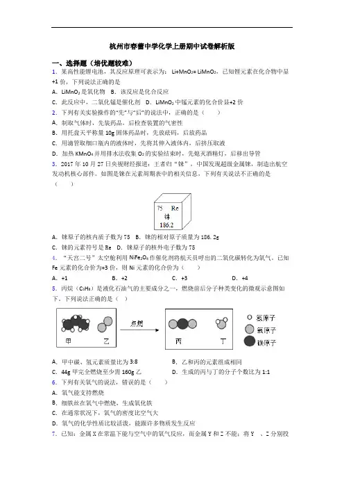 杭州市春蕾中学化学上册期中试卷解析版