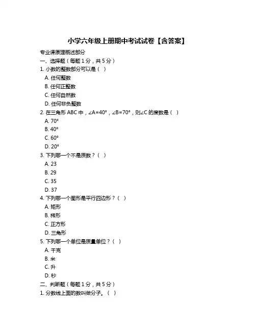 小学六年级上册期中考试试卷【含答案】