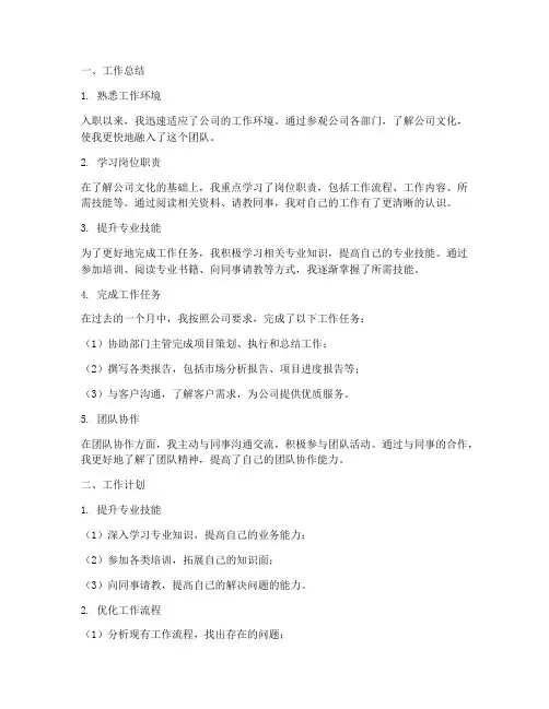 新入职一个月工作总结及工作计划