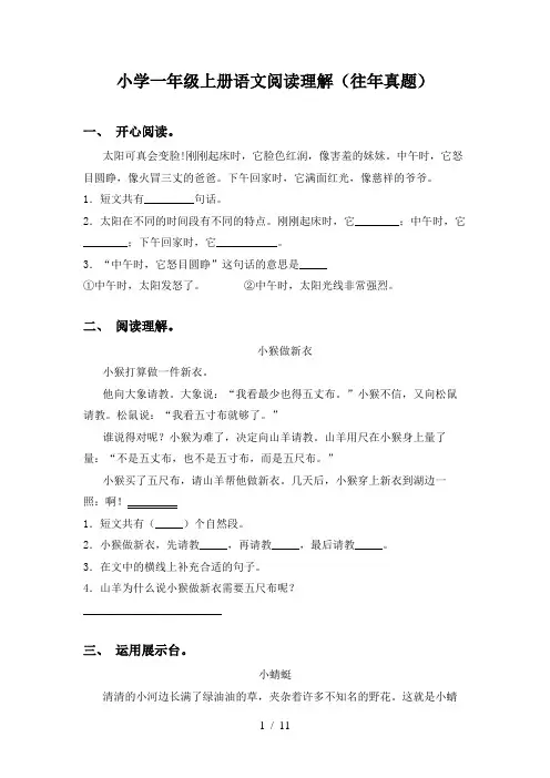 小学一年级上册语文阅读理解(往年真题)