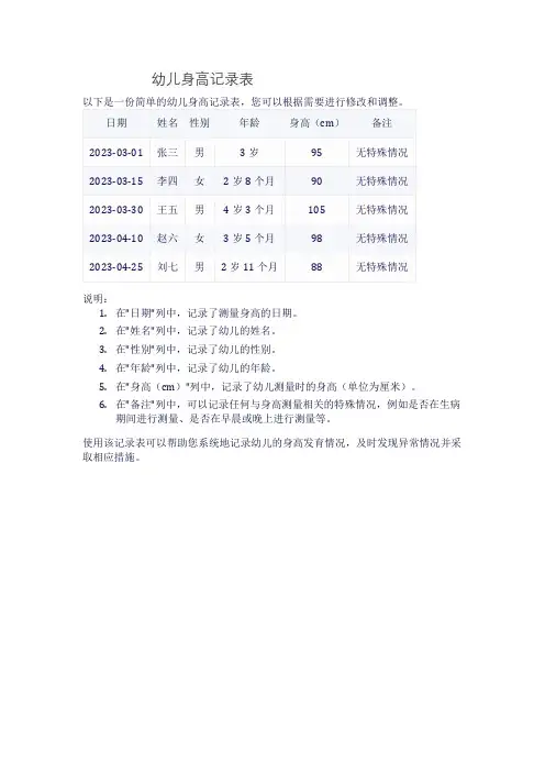 幼儿身高记录表