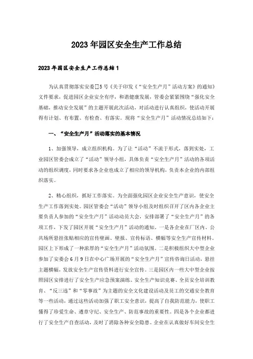 2023年园区安全生产工作总结