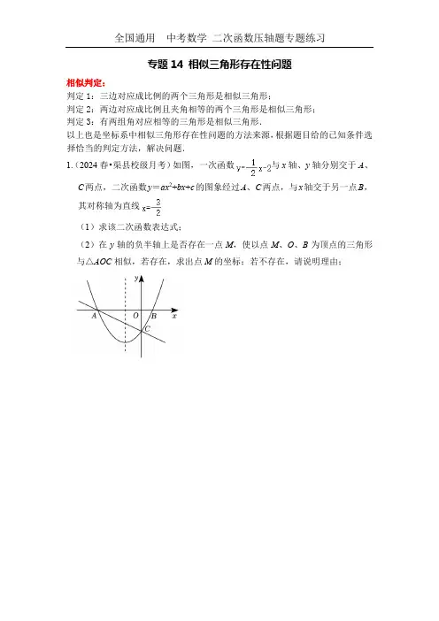 全国通用  中考数学 二次函数压轴题专题练习 14相似三角形存在性问题(不含答案版)
