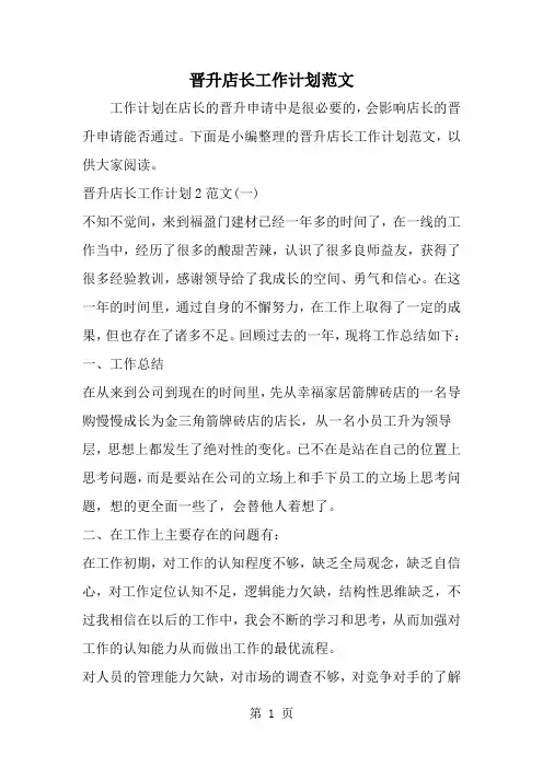 晋升店长工作计划范文-精选范文