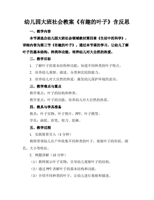 幼儿园大班社会教案《有趣的叶子》含反思