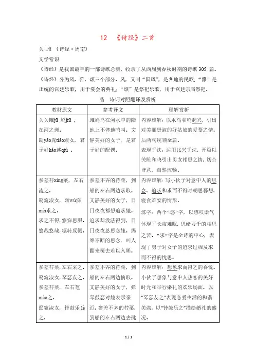 【精选】部编版八年级下册语文第12课《《诗经》二首》重要基础知识点总结