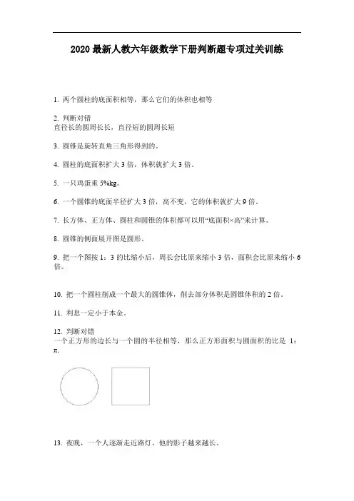 2020最新人教六年级数学下册判断题专项过关训练-含答案