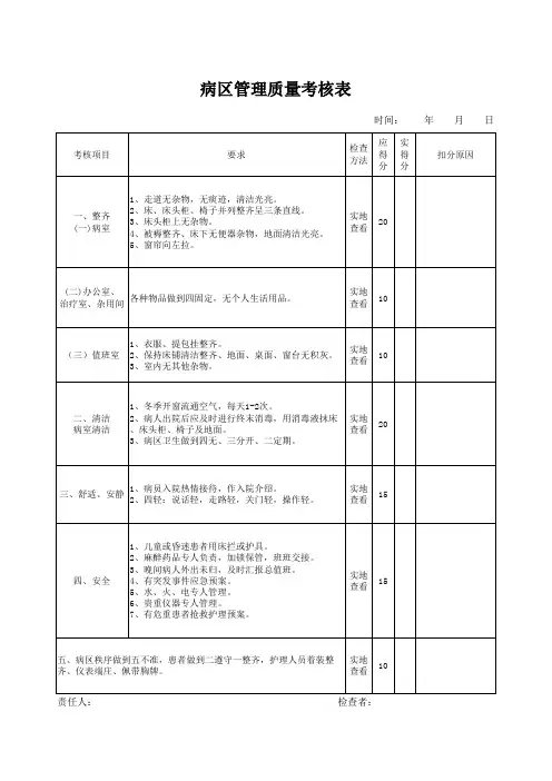 病区管理质量考核表