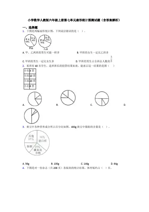 小学数学人教版六年级上册第七单元扇形统计图测试题(含答案解析)