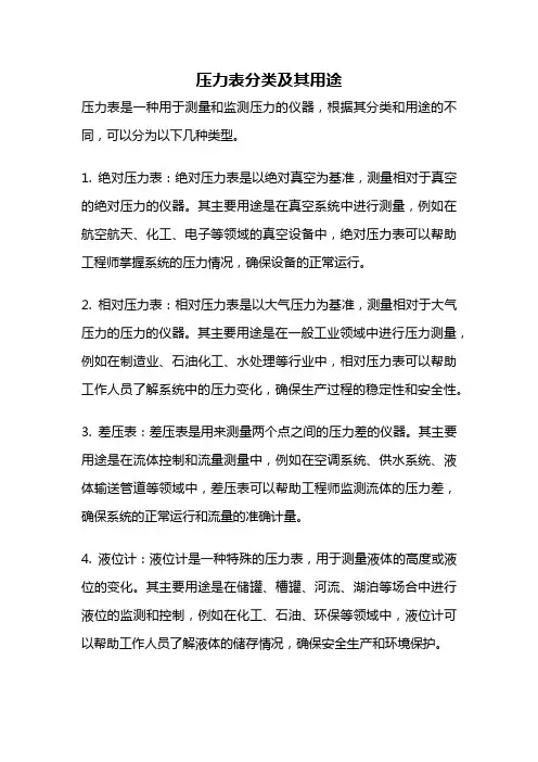 压力表分类及其用途