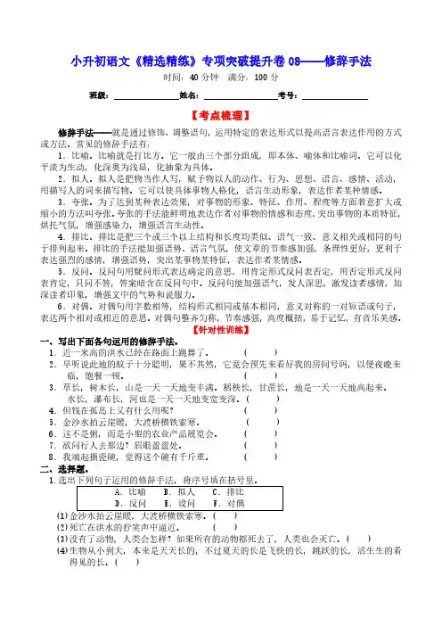 小升初语文《精选精练》专项突破提升卷08——修辞手法(含详细解答)