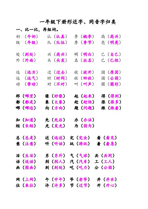 一年级下册形近字同音字归类复习下学期期末(人教版)