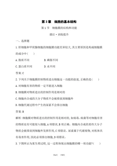 人教版高中生物必修第1册课后习题 第3章 第1节 细胞膜的结构和功能