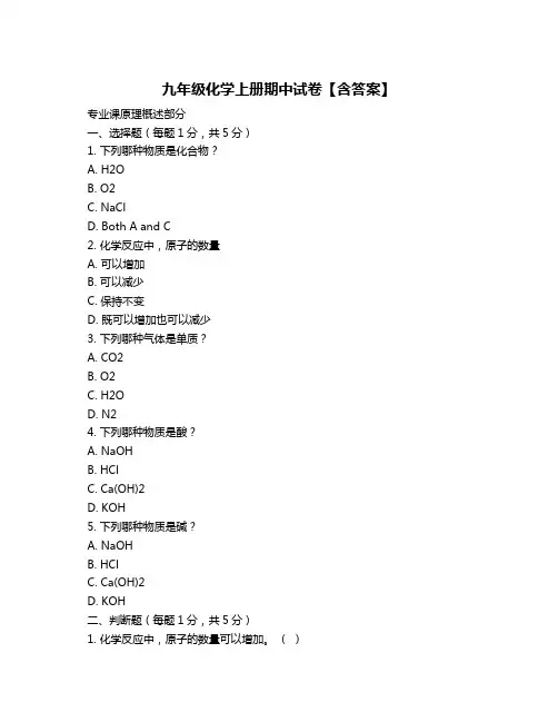 九年级化学上册期中试卷【含答案】
