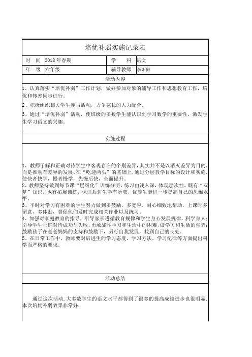 培优补弱实施记录表