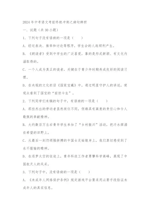 2024年中考语文考前终极冲刺之病句辨析(含解析)