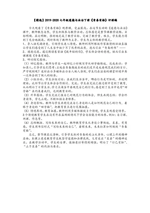 【精选】2019-2020七年级道德与法治下册《青春有格》评课稿