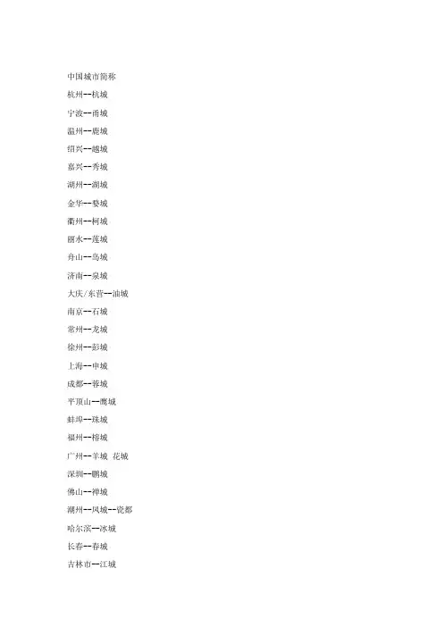 中国城市简称大全
