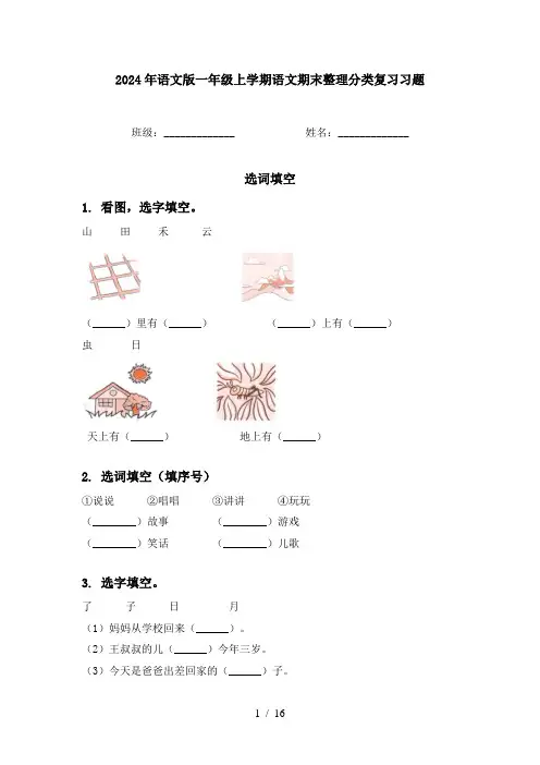 2024年语文版一年级上学期语文期末整理分类复习习题