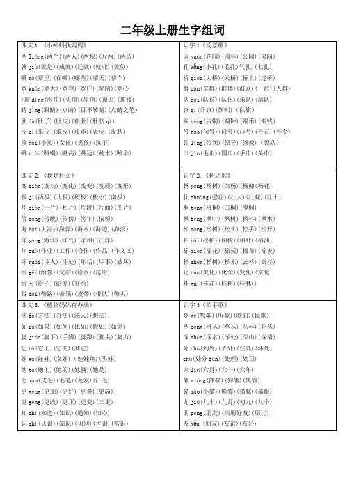 二年级语文上册生字组词