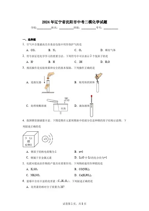 2024年辽宁省沈阳市中考二模化学试题