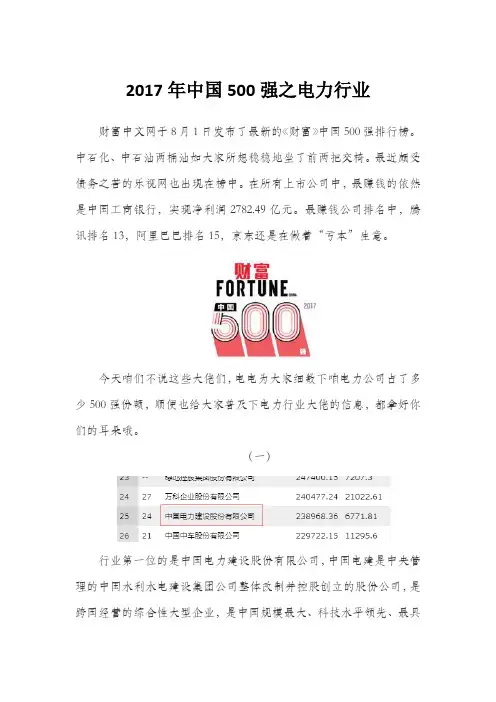 2017中国财富五百强之电力企业排名