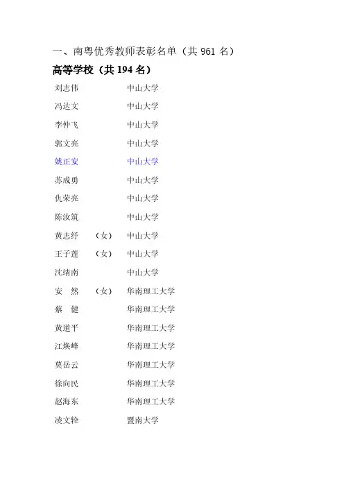 一、南粤优秀教师表彰名单(共961名)-推荐下载
