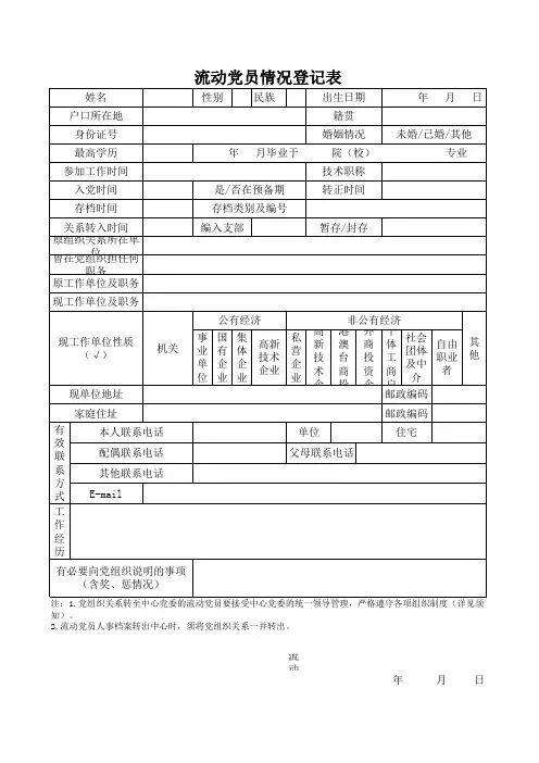 流动党员情况登记表