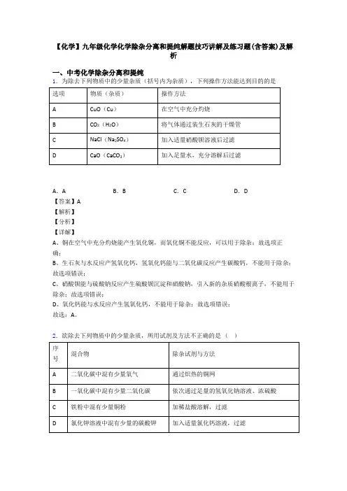 【化学】九年级化学化学除杂分离和提纯解题技巧讲解及练习题(含答案)及解析
