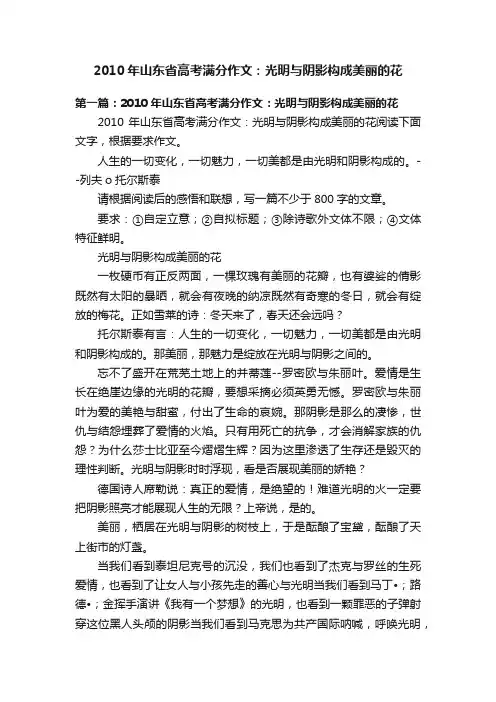 2010年山东省高考满分作文：光明与阴影构成美丽的花