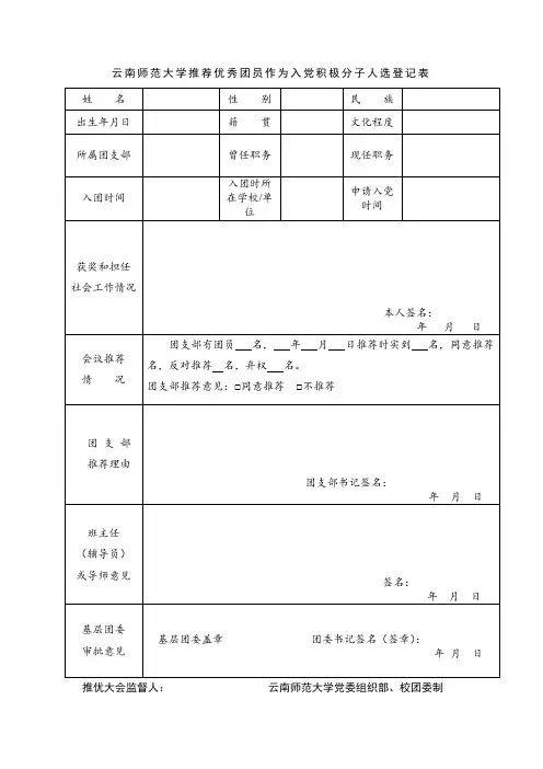 云南师范大学推荐优秀团员作为入党积极分子人选登记表
