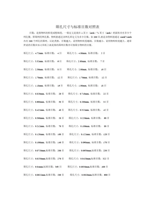 筛孔尺寸与标准目数对照表