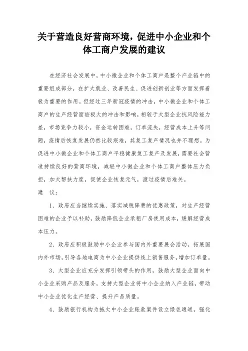 关于促进中小企业和个体工商户发展的建议