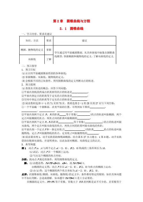 高中数学 第二章《圆锥曲线与方程》2.1圆锥曲线学案 新人教版选修2-1