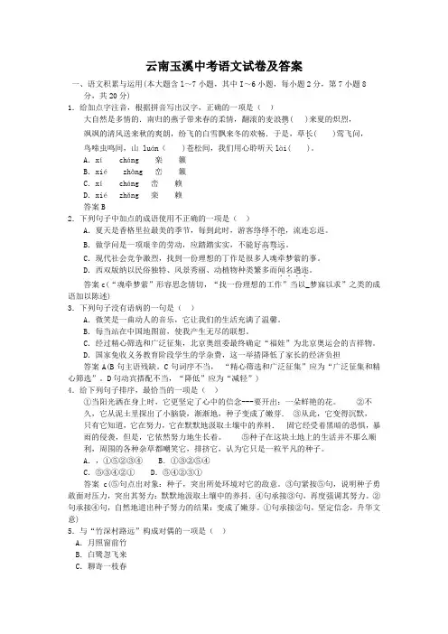 云南玉溪中考语文试卷及答案