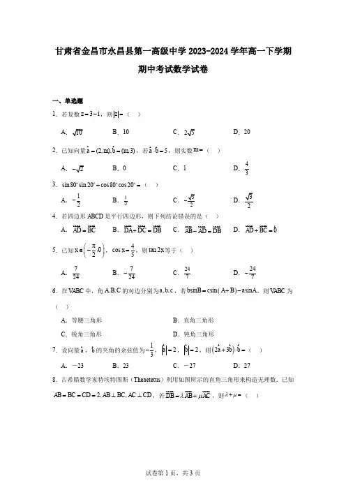 甘肃省金昌市永昌县第一高级中学2023-2024学年高一下学期期中考试数学试卷