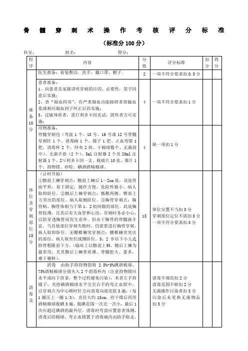 骨髓穿刺术操作考核评分标准
