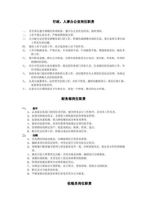 酒店各个岗位职责