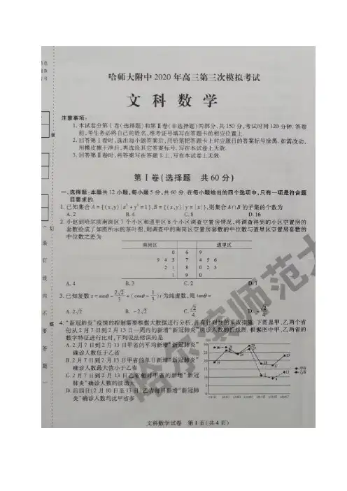 黑龙江省哈师大附中2020届高三(6月)第三次模拟考试数学(文)试题 (含答案)