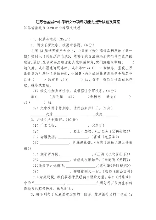 江苏省盐城市中考语文专项练习能力提升试题及答案