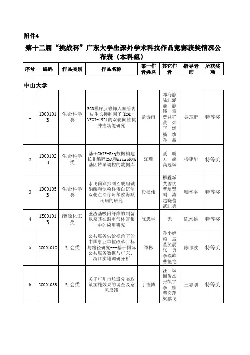13届挑战杯广东省竞赛获奖名单